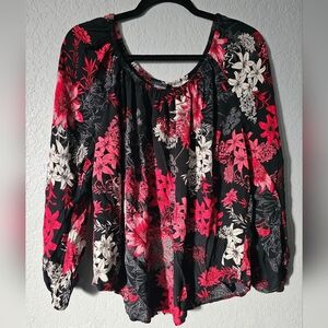 Karen Kane floral print Blouson Sleeve Peasant pink black pullover Top size 1X
